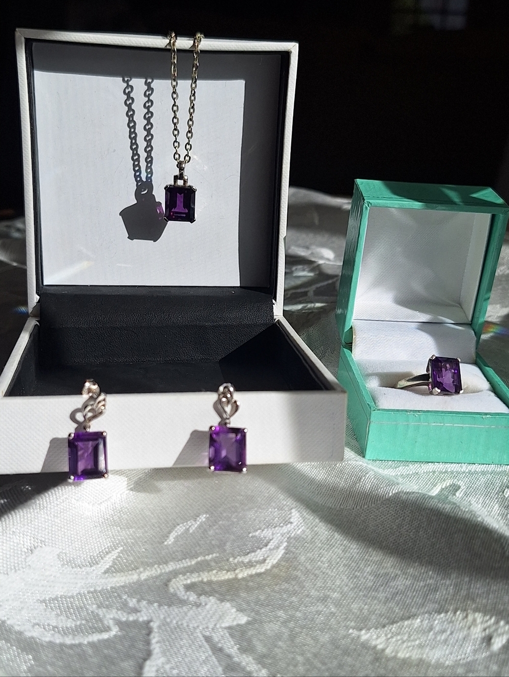 Purple Amethyst Square Pendant, Earrings & Ring Set - Women Jewelry